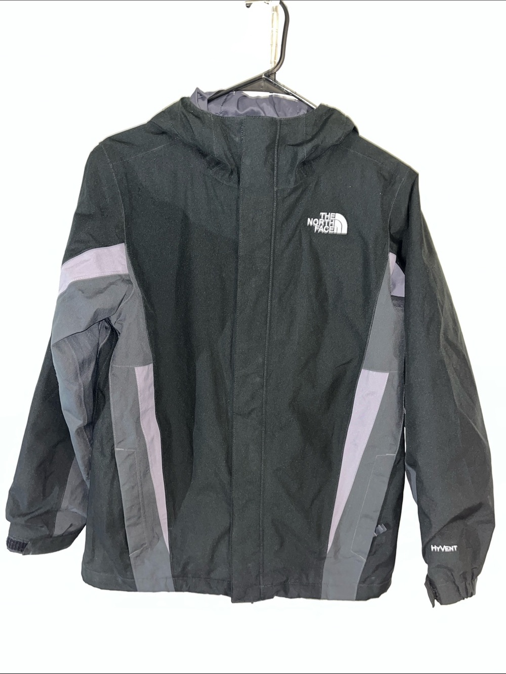 Hooded Black/Gray North Face Hyvent Waterproof Rain Parka Coat Jacket Youth L